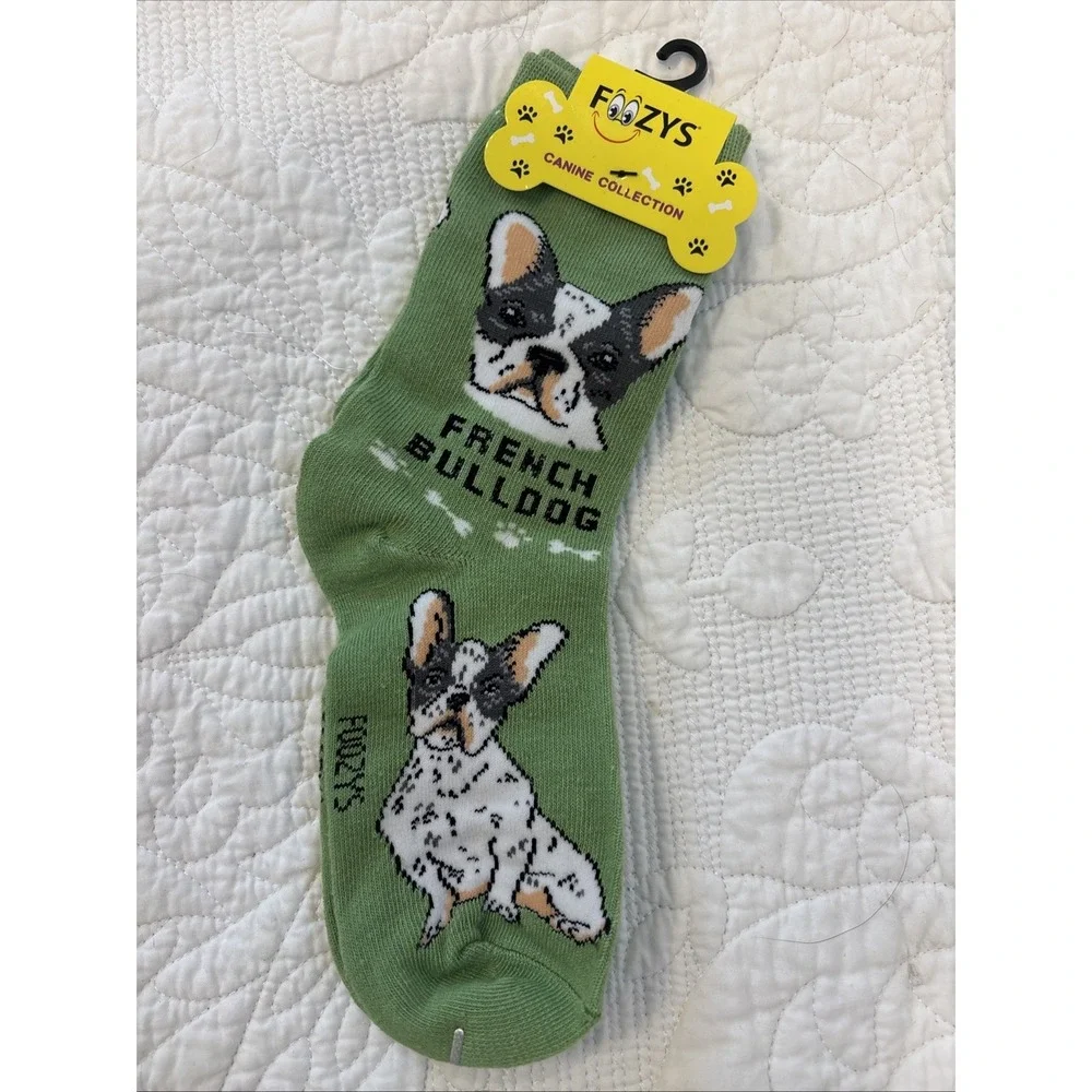 Foozy's Canine Collection French Bulldog Socks Women SZ 9-11 Green PolyBlend New